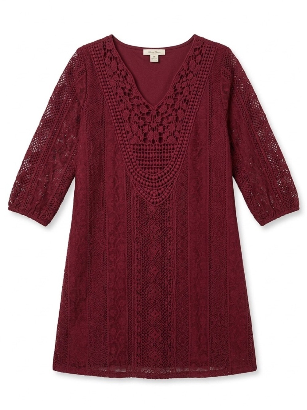 Xhilaration Burgundy Lace Dress Floral V Neck 3/4 Sleeve Medium
